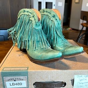 Lane Junk Gypsy Spitfire Western Cowboy Ankle Fringe Boots Turquoise size 9.5